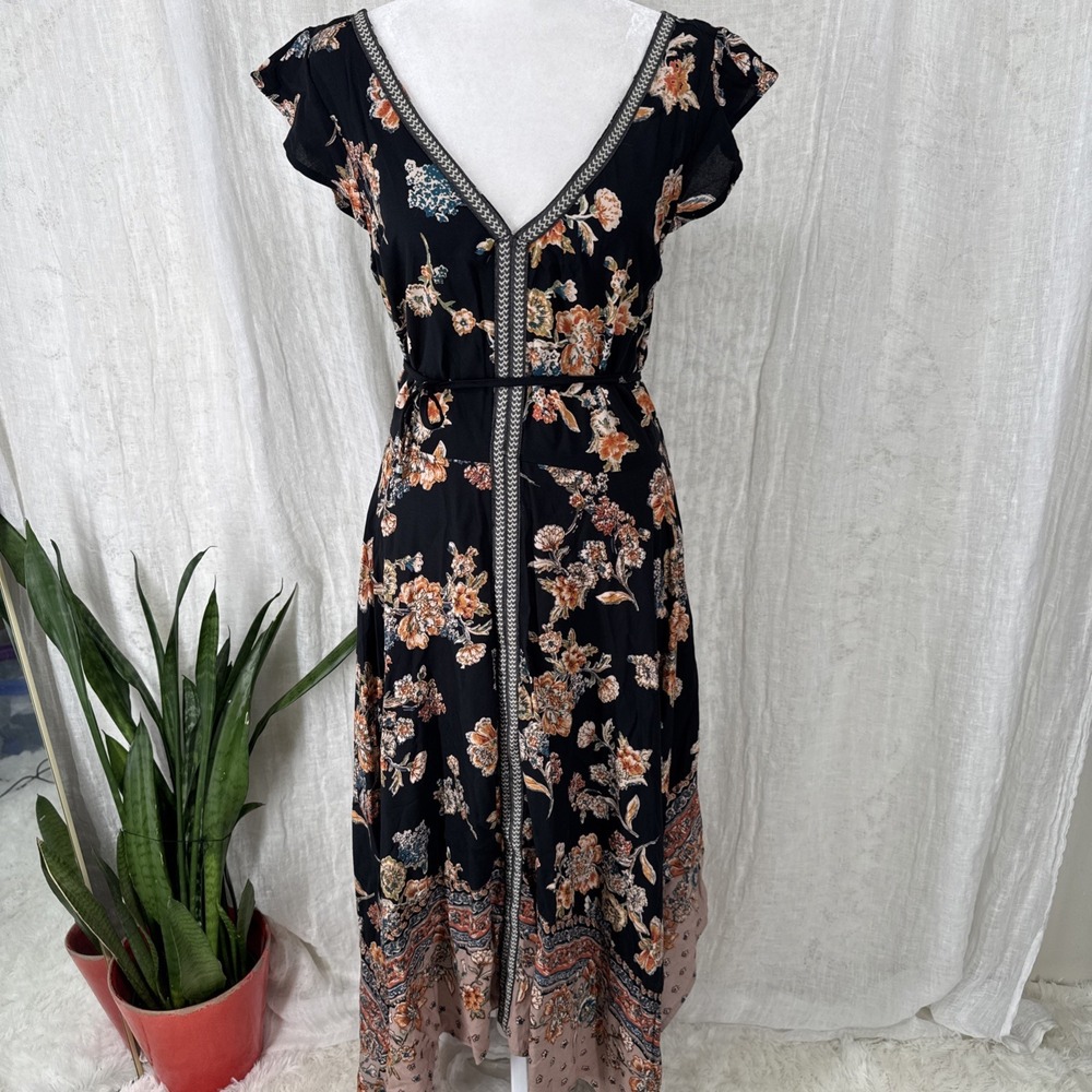 Vtg Floral Boho Midi Dress S Cottage Whimsigoth Fairy Grunge Indie Dark Romantic